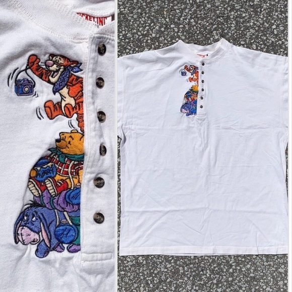 Disney Tops - Vtg 90s Disney Winnie The Pooh Mickey Inc Embroidered Henley Cream Unisex (L/XL)